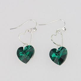 Fashion Dangle Earrings, with Handmade Glass Pendants, Brass Rhinestone Earring Hooks, Heart, 39x14mm