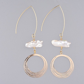 Dangle Earrings, with Natural Baroque Pearl Keshi Pearl, Copper Wire, 304 Stainless Steel Earring Hooks, Brass Pendant and Cardboard Boxes