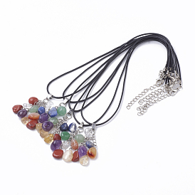 Natural & Synthetic Mixed Stone Pendant Necklaces, with Leather Cord and Iron End Chain, Chakra Jewelry