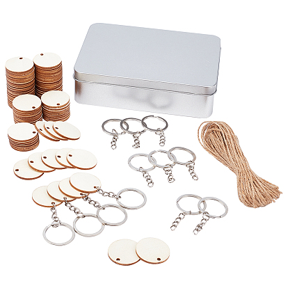 100pcs Unfinished Natural Poplar Wood Pendants, with 100Pcs Iron Split Key Rings and 1bundle Jute Twine,  for DIY Keychain Making Kits