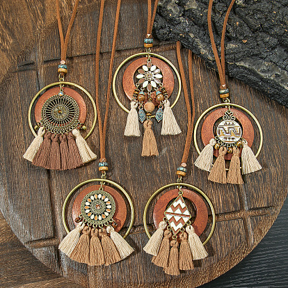 Богемный сплав и дерево подвеска кисточка искусственная кожа шнур длинные ожерелья для женщин, античная бронза, Перу