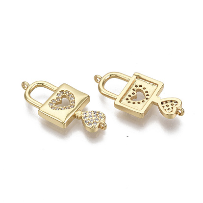 Brass Micro Pave Clear Cubic Zirconia Links, for Valentine's Day, Nickel Free, Lock with Heart Key