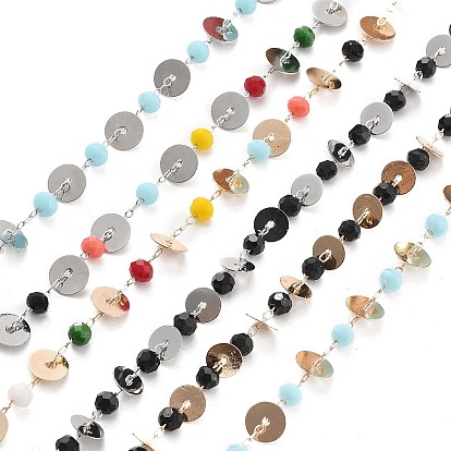 Плоские круглые цепочки из латуни и стеклянных бусин ручной работы, для ожерелья браслеты решений, долговечный, пайки, с катушкой