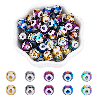 5 Strands 5 Colors Electroplate Glass Beads Strands, Round with Evil Eye Pattern
