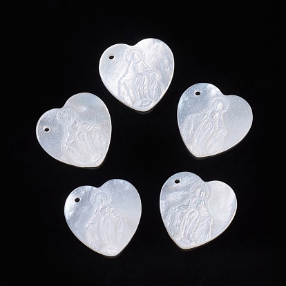 Natural White Shell Pendants, Religion, Heart with Virgin Mary