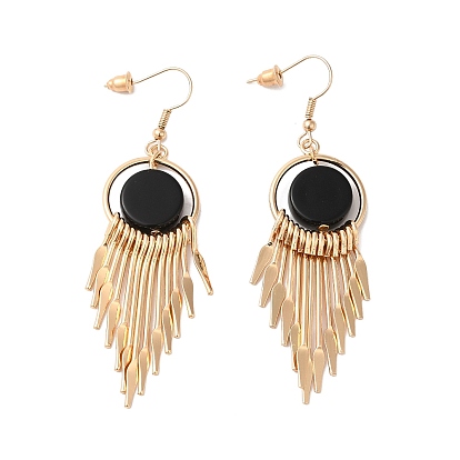 Resin Flat Round with Tassel Dangle Earrings, Light Gold Alloy Long Drop Earrings for Women