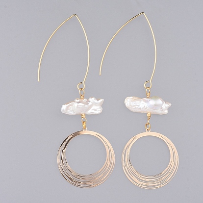Dangle Earrings, with Natural Baroque Pearl Keshi Pearl, Copper Wire, 304 Stainless Steel Earring Hooks, Brass Pendant and Cardboard Boxes