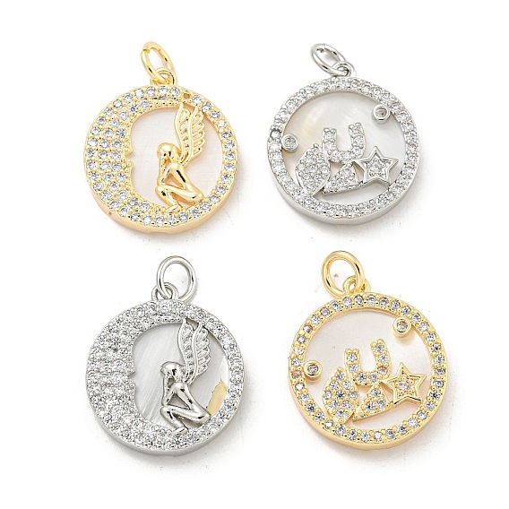 Латунные микропаве прозрачные подвески с фианитом, без кадмия, без никеля и без свинца, с оболочкой и кольцами для прыжков, плоский круглый с ангельскими подвесками