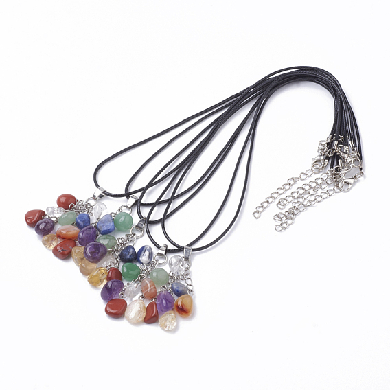Natural & Synthetic Mixed Stone Pendant Necklaces, with Leather Cord and Iron End Chain, Chakra Jewelry