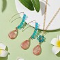 Glass & Synthetic Cherry Quartz Glass Teardrop Jewelry Set, Glass Beaded Dangle Earrings & Pendant Necklaces with Brass Chains