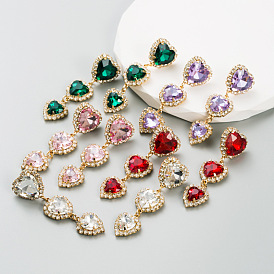 Multi-layered Heart-shaped Earrings with Colored Glass and Rhinestones for a High-end Party Look