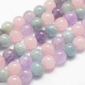 Brins de perles aigue-marine naturelles et quartz rose et améthyste, ronde