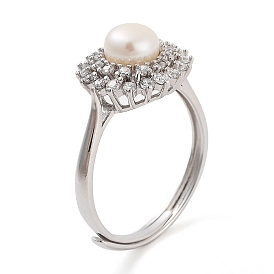 Flower Natural Pearl & Cubic Zirconia Finger Rings, Rhodium Plated 925 Sterling Silver Adjustable Ring for Women