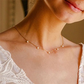 Stainless Steel Imitation Pearl Cable Chain Bib Necklaces for Women