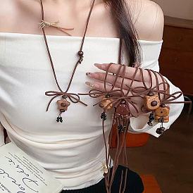 Collar largo ajustable con colgante de grano de café y madera, de imitación de cuero, para mujer.