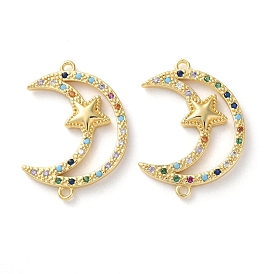 Rack Plating Brass Colorful Cubic Zirconia Moon Star Connector Charms, Long-Lasting Plated, Lead Free & Cadmium Free