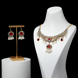 Sparkling Diamond Earrings and Necklace Set with Pearl Tassels - Fashionable European Style Metal Jewelry Collection