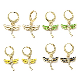 Dragonfly Real 18K Gold Plated Brass Dangle Leverback Earrings, with Enamel and Cubic Zirconia