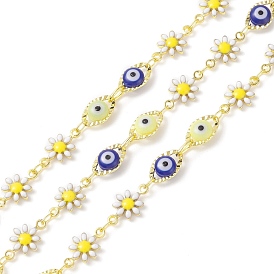 Brass Enamel Flower & Horse Eye Link Chains, with Glass Beaded, Soldered, with Spools, Real 18K Gold Plated, Cadmium Free & Lead Free