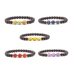 Wood & Synthetic Hematite Beads Stretch Bracelet, Natural Mixed Stone Bracelet for Women