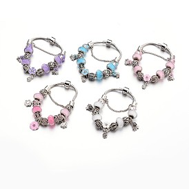 Fashion Brass European Bracelets, with Glass Beads and Alloy Rhinestone Beads, 190x3mm