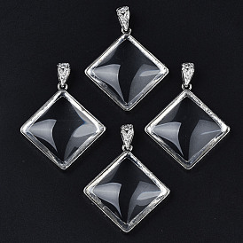 Glass Pendants, with Brass Findings, Rhombus Charms, Platinum
