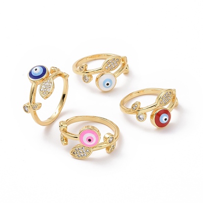 Clear Cubic Zirconia Leaf & Enamel Evil Eye Open Cuff Ring, Real 18K Gold Plated Brass Jewelry for Women, Cadmium Free & Lead Free