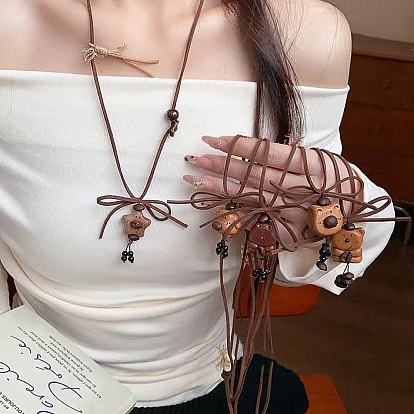 Collar largo ajustable con colgante de grano de café y madera, de imitación de cuero, para mujer.