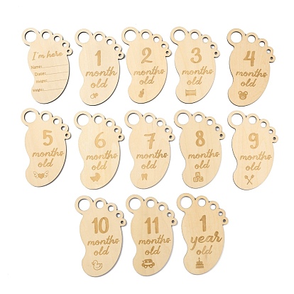 Baby Newborn Announcement Sign, Baby Growth Milestone Sign, Wooden Baby Monthly Milestone Cards, Photographic Prop, Footprint with Index Message & One to Twelve Months