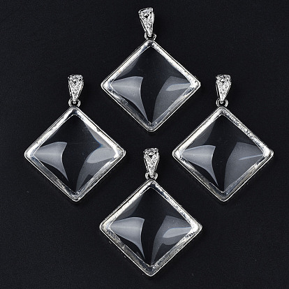 Glass Pendants, with Brass Findings, Rhombus Charms, Platinum