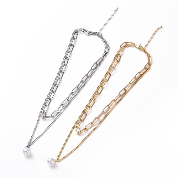 304 Stainless Steel Double Chains Multi Layered Necklaces Necklace with Plastic Pearl Charm for Women