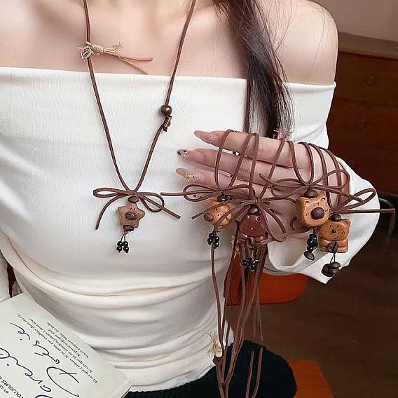 Coffee Bean & Wood Pendant Adjustable Imitation Leather Cord Long Necklaces for Women