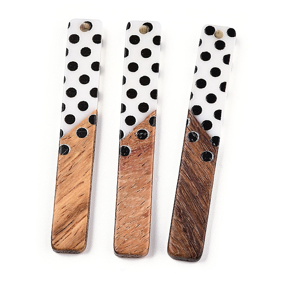 Printed Opaque Resin & Walnut Wood Big Pendants, Rectangle Charm with Polka Dot Pattern
