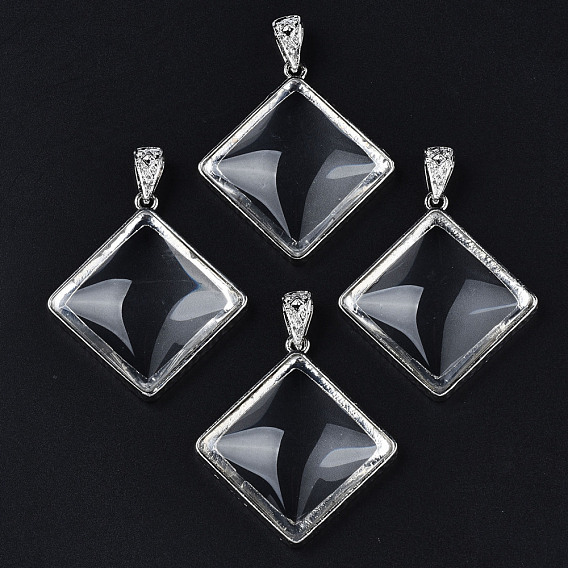 Glass Pendants, with Brass Findings, Rhombus Charms, Platinum
