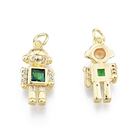 Ion Plating(IP) Brass Micro Pave Clear Cubic Zirconia Pendants, with Glass and Jump Ring, Robot