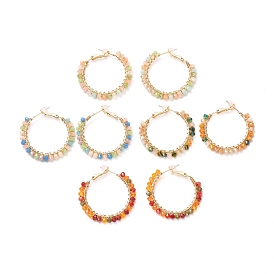 Bohemian Boho Round Circle Big Hoop Earrings with Glass Beads, Brass Earrings for Girl Women