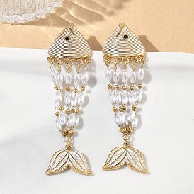 304 Stainless Steel Enamel Stud Earrings for Women, Fish, Plastic Beads Dangle Earrings