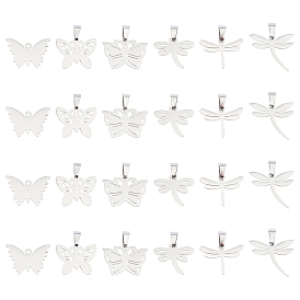 Unicraftale 24 pcs 6 style 304 pendentifs d'étiquette vierge d'estampage en acier inoxydable, Papillon et libellule