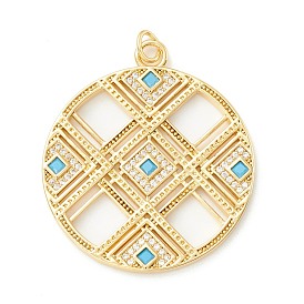 Rack Plating Brass Micro Pave Clear & Cyan Cubic Zirconia Pendants, Cadmium Free & Nickel Free & Lead Free, Long-Lasting Plated, Flat Round with Hollow Rhombus