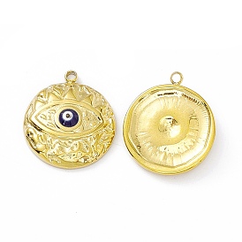 Vacuum Plating 201 Stainless Steel Pendants, with Enamel, Real 18K Gold Plated, Flat Round with Evil Eye Charm