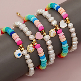 Сплав шарм браслеты, Регулируемые браслеты для женщин из полимерной глины и смоляных бусин.