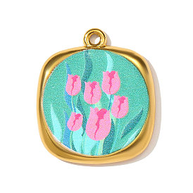 Печатные 304 подвески из нержавеющей стали, квадратные подвески с цветочным узором, зеркальная полировка, ионное покрытие (ip), реальный 18 k позолоченный