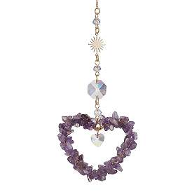 Heart Gemstone Chip Pendant Drcorations, Octagon Glass Suncatchers with Brass Sun