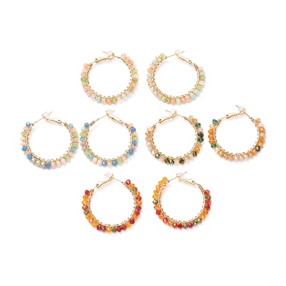 Bohemian Boho Round Circle Big Hoop Earrings with Glass Beads, Brass Earrings for Girl Women