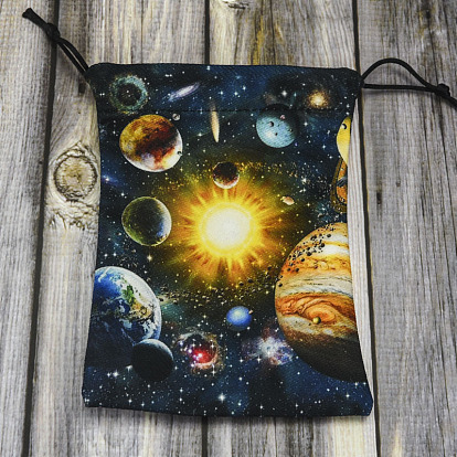 Almacenamiento de cartas de tarot de terciopelo tema universo mochilas de cuerdas, soporte de almacenamiento de escritorio de tarot, rectángulo con patrón de planeta