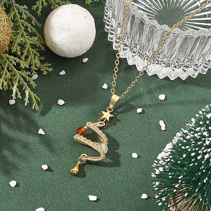 Natural Green Aventurine and Agate Copper Wire wrapped Christmas Tree Pendant Brass Cable Chain Necklaces for Women