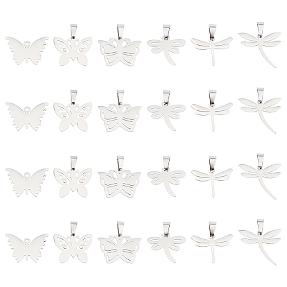 24Pcs 6 Style 304 Stainless Steel Stamping Blank Tag Pendants, Butterfly & dragonfly