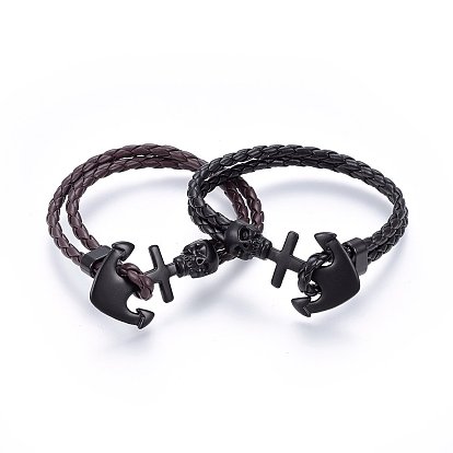 Braided Leather Cord Multi-strand Bracelets, with Waxed Cord and Alloy Clasps, Anchor with Skull