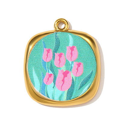 Печатные 304 подвески из нержавеющей стали, квадратные подвески с цветочным узором, зеркальная полировка, ионное покрытие (ip), реальный 18 k позолоченный