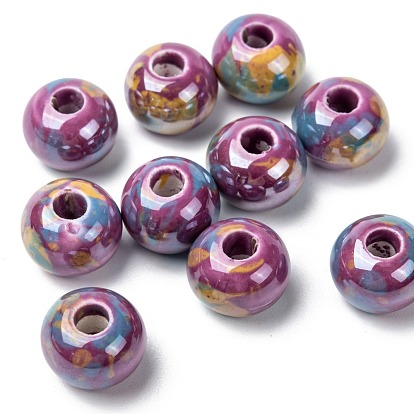 Handmade Porcelain European Beads, Large Hole Beads, Pearlized, Rondelle, 12x9mm, Hole: 4mm